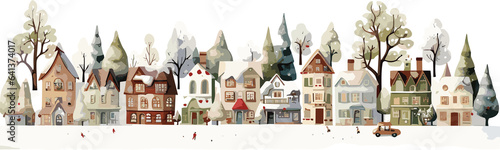 Watercolor cozy christmas village, full color, knitted painting texture.