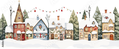 Watercolor cozy christmas village, full color, knitted painting texture.
