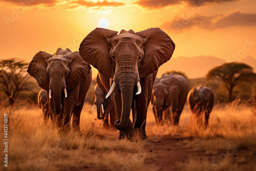 Photo Herd of elephants in the savanna at sunset