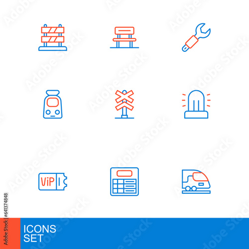 Set line High-speed train, Train station board, ticket, Flasher siren, and railway, Railroad crossing, Wrench spanner and Waiting hall icon. Vector