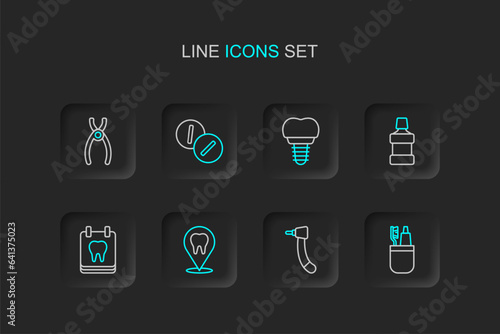 Set line Toothbrush and toothpaste, drill, Dental clinic location, Calendar with, Mouthwash, implant, Toothache painkiller tablet and pliers icon. Vector