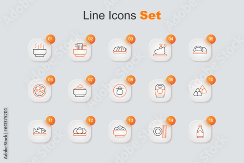 Set line Soy sauce bottle, Food chopsticks with plate, Chow mein on, Dumpling, Served fish, Zongzi bamboo steamer, Asian noodles paper box and Wonton icon. Vector