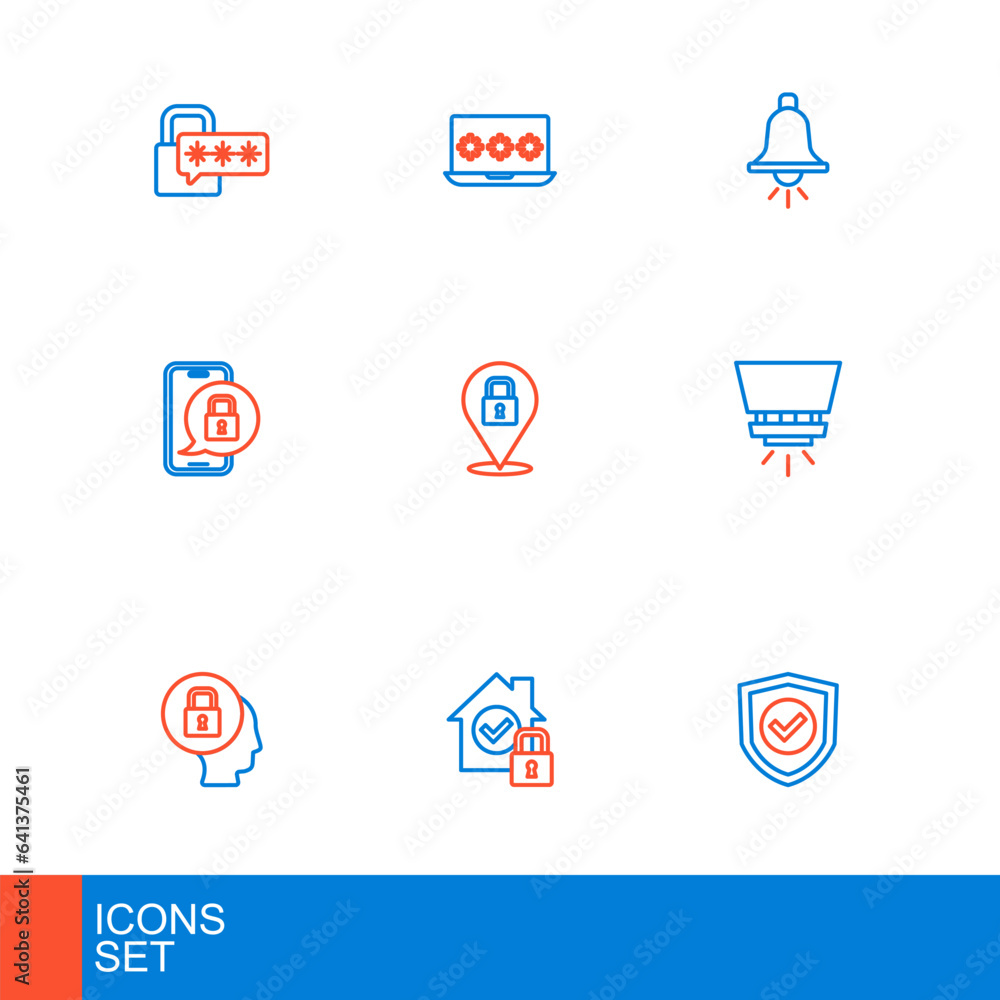 Set line Shield with check mark, House under protection, Lock, Fire sprinkler system, Mobile closed padlock, Ringing alarm bell and Laptop password icon. Vector Set line Shield with check mark, House under protection, Lock, Fire sprinkler system, Mobile closed padlock, Ringing alarm bell and Laptop password icon. Vector
