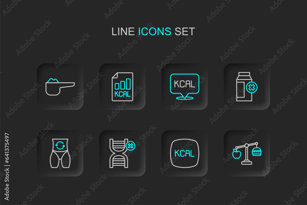 Set line Calorie calculator, Kcal, No GMO, Metabolism, Lactose intolerance, Diet plan and Sports nutrition proteine icon. Vector Set line Calorie calculator, Kcal, No GMO, Metabolism, Lactose intolerance, Diet plan and Sports nutrition proteine icon. Vector