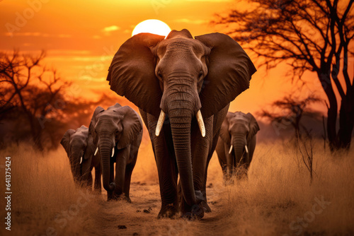 Herd of elephants in the savanna at sunset