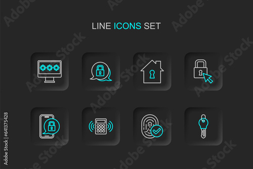Set line Key, Fingerprint, Security keypad access panel, Mobile with closed padlock, Lock, House under protection, and Monitor password icon. Vector