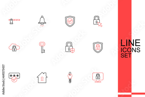 Set line Lock  Key  House under protection  Password  Shield security with lock  Old key and Cloud computing icon. Vector
