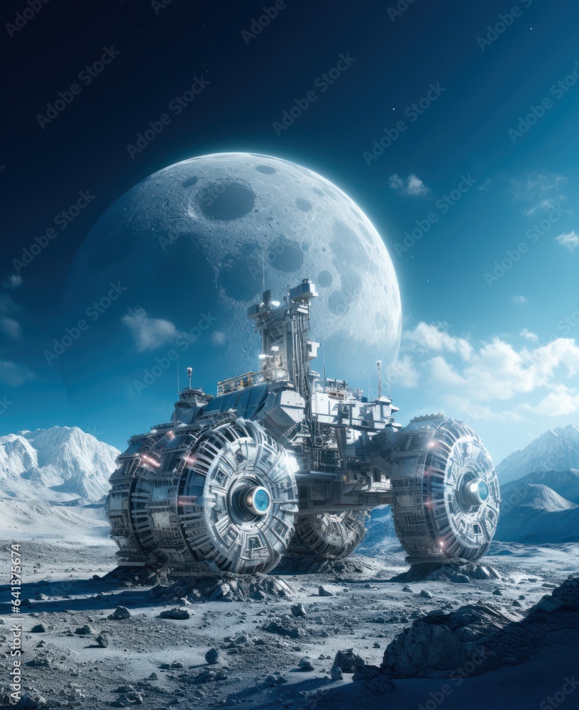all-terrain vehicle - a robot with large wheels that will move on the surface of the planet. Earth in the sky. all-terrain vehicle - a robot with large wheels that will move on the surface of the planet. Earth in the sky.