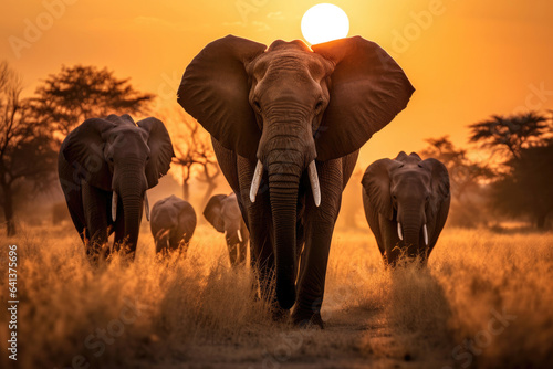 Herd of elephants in the savanna at sunset