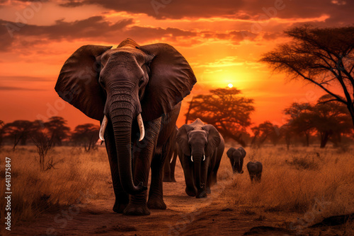 Fotografie, Obraz Herd of elephants in the savanna at sunset