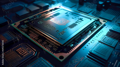 Advanced technology concept visualization, circuit board CPU processor microchip, generative AI.