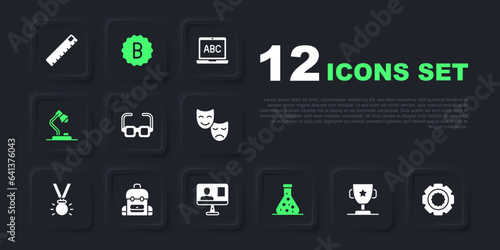 Set Award cup, Gear, Glasses, Test tube, Table lamp, School backpack, Exam paper with incorrect answers and Online class icon. Vector