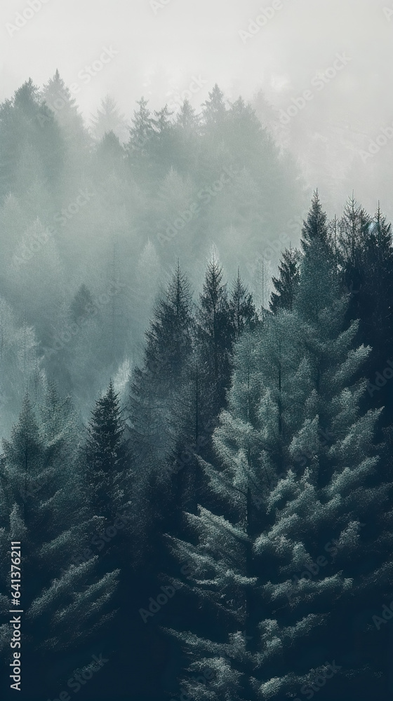 Misty fir forest silhouettes on mountain hill, generative AI.