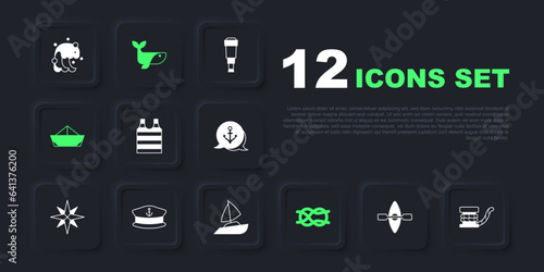 Set Kayak and paddle, Marine bollard with rope, Striped sailor t-shirt, Nautical knots, Folded paper boat, Captain hat, Whale and Yacht sailboat icon. Vector