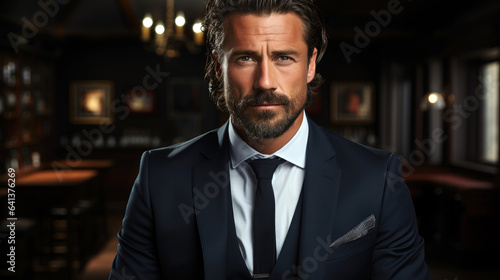 Handsome model man in a finely tailored suit, exuding confidence and elegance. Generative AI