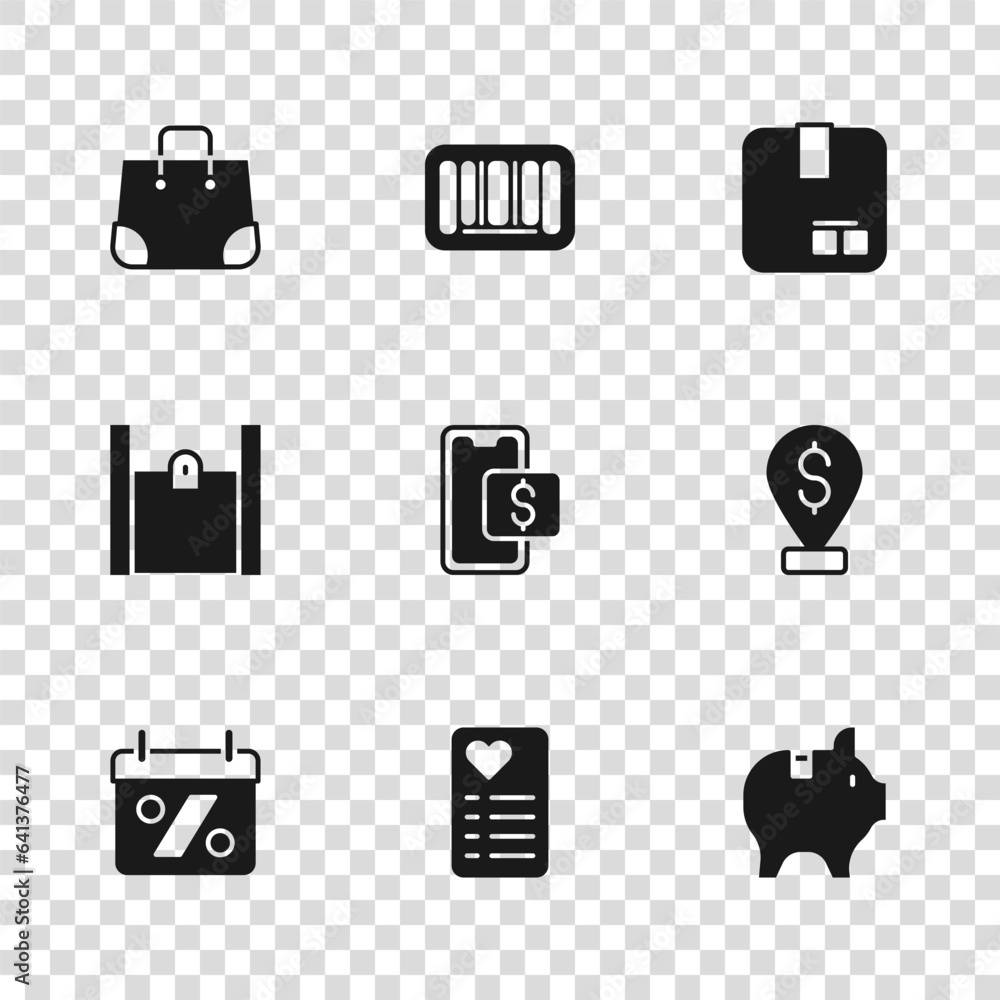 Set Shopping list, Cash location, Piggy bank, Mobile shopping, Carton cardboard box, Paper bag, Barcode and icon. Vector Set Shopping list, Cash location, Piggy bank, Mobile shopping, Carton cardboard box, Paper bag, Barcode and icon. Vector