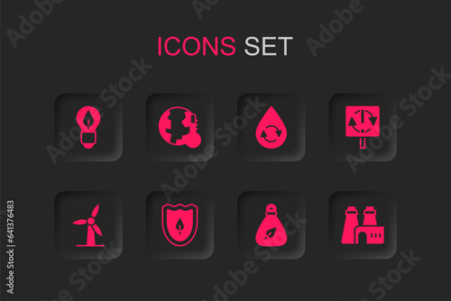 Set Shield with leaf, Earth melting to global warming, Light bulb, Garbage bag, Recycle symbol, Factory production, clean aqua and Wind turbine icon. Vector