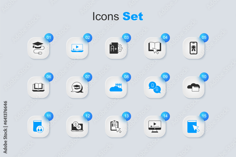 Set Online play video, Graduation cap speech bubble, Audio book, Cloud or online library, with mouse and icon. Vector Set Online play video, Graduation cap speech bubble, Audio book, Cloud or online library, with mouse and icon. Vector