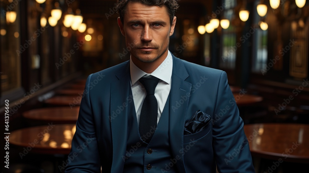 Handsome model man in a finely tailored suit, exuding confidence and elegance. Generative AI Handsome model man in a finely tailored suit, exuding confidence and elegance. Generative AI