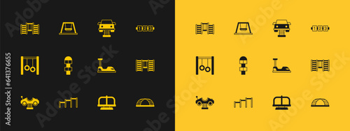 Set Education logic game, Sport horizontal bar, Bumper car, Attraction carousel, Hopscotch, Swing, Swedish wall and for kids icon. Vector