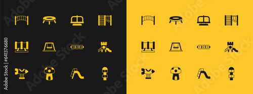 Set Swedish wall, Mushroom house, Education logic game, Slide playground, Swing for kids, Attraction carousel, Playground bridge and Jumping trampoline icon. Vector