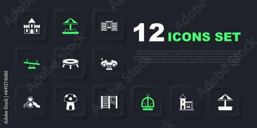 Set Swing for kids, Sandbox with sand, Jumping trampoline, Attraction carousel, Seesaw, Mushroom house, and Swedish wall icon. Vector