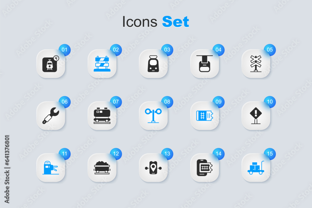 Set Online ticket booking, Oil railway cistern, End of tracks, Turnstile, Trolley suitcase, Exclamation mark square, and Train traffic light icon. Vector Set Online ticket booking, Oil railway cistern, End of tracks, Turnstile, Trolley suitcase, Exclamation mark square, and Train traffic light icon. Vector