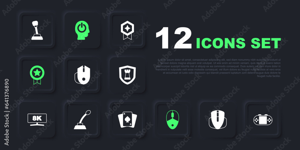 Set Computer mouse, Portable video game console, Game rating with medal, Microphone, Power button and Playing cards icon. Vector Set Computer mouse, Portable video game console, Game rating with medal, Microphone, Power button and Playing cards icon. Vector
