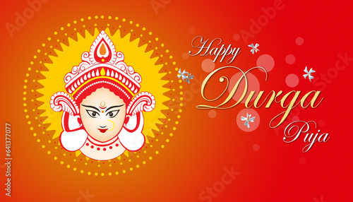Goddess Durga with Sewali Flower Banner Wish Durga Puja Greeting Card