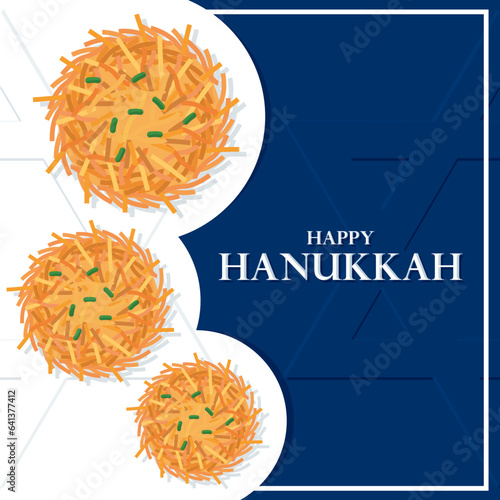 Colored happy hanukkah template with traditional latkes food Vector