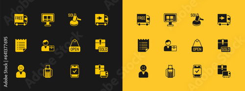 Set Delivery cargo truck, POS terminal, Hanging sign with text Open, Mobile shopping, Buyer, Auction hammer, Free delivery service and Online screen icon. Vector