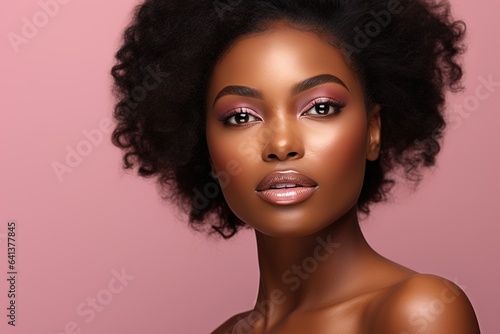 Beautiful african american woman with perfect skin on pink background.Generative Ai