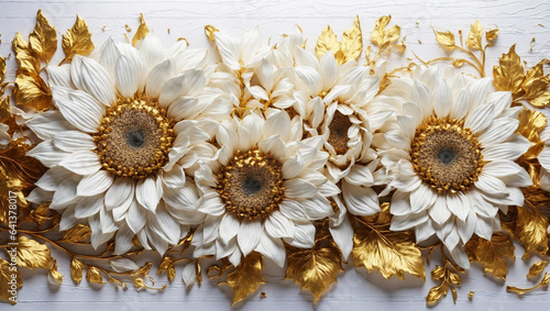golden sunflowers on white wooden background