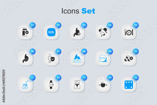 Set Calorie calculator, Healthy lifestyle, Kcal, Fresh smoothie, Bathroom scales, No sugar free, Lactose intolerance and icon. Vector