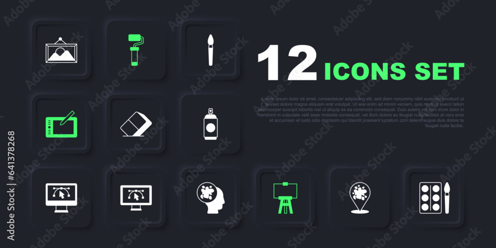 Set Paint spray, Watercolor paints box, Eraser rubber, Wood easel, Graphic tablet, Computer with design program, roller brush and icon. Vector Set Paint spray, Watercolor paints box, Eraser rubber, Wood easel, Graphic tablet, Computer with design program, roller brush and icon. Vector