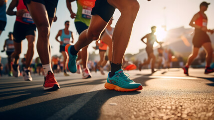 A group of men runners running in a road race, marathon run contest