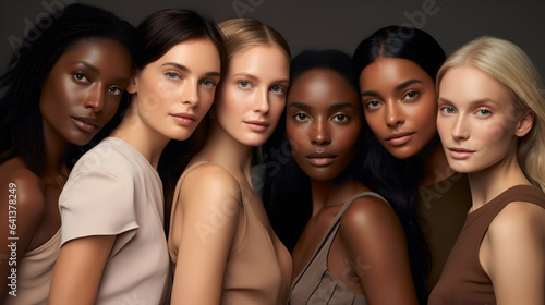 A diverse group of pretty women with naturally beautiful and glowing smooth skin. Portrait of several attractive female fashion models with great skin of different races, tones and style. © Trendy Graphics