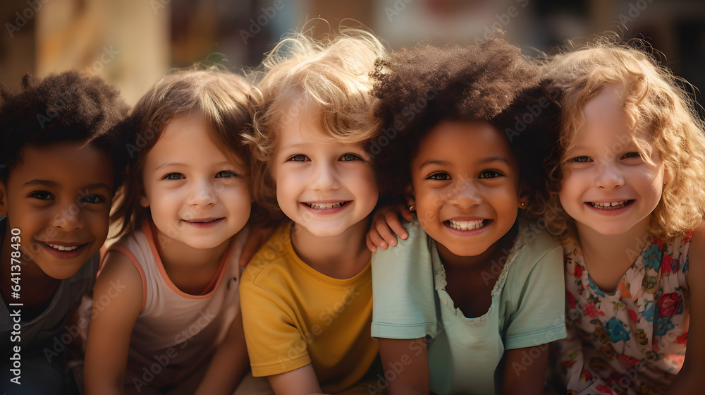 Group of diverse and happy children of different races enjoying outdoors