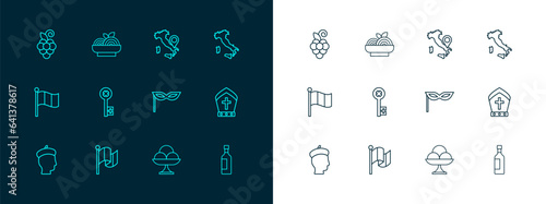 Set line Map of Italy, Flag, Carnival mask, Ice cream in the bowl, Old key, Grape fruit and Pasta spaghetti icon. Vector