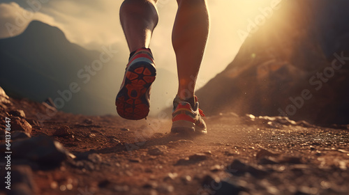 Running feet with sunlight in the mountains, low angle shot, training to be a winner, self challenge theme concept