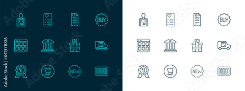 Set line Buy button, Shopping cart, Gift box, Price tag with New, Bank building, Financial check, Seller and list icon. Vector