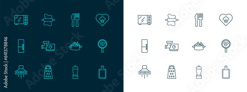 Set line Chef hat, Grater, Cooking pot, Pepper, Kitchen meat grinder, Crossed knife and fork, Microwave oven and Rolling pin on dough icon. Vector