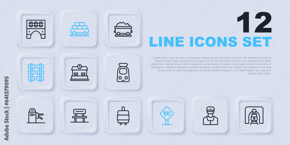 Set line Train conductor, railway tunnel, Railway station, Speed limit traffic sign 100 km, Broken cracked, Waiting hall, Cargo train wagon and Suitcase icon. Vector