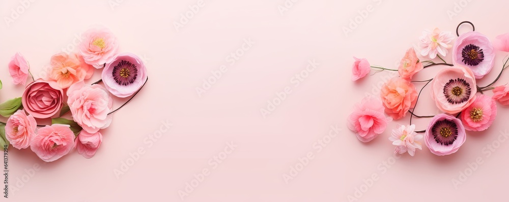 Top view image of pink flowers composition over pastel background, Generative AI Top view image of pink flowers composition over pastel background, Generative AI
