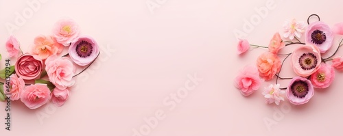 Top view image of pink flowers composition over pastel background, Generative AI