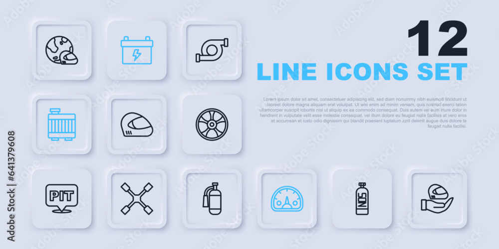 Set line Nitrous oxide, Racing helmet, Speedometer, Car radiator cooling system, Wheel wrench, battery and Fire extinguisher icon. Vector Set line Nitrous oxide, Racing helmet, Speedometer, Car radiator cooling system, Wheel wrench, battery and Fire extinguisher icon. Vector