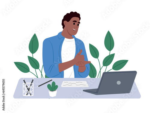 Smiling African American man talking on video call using sign language, talking to patient with hearing impairment, deafness, showing gestures on screen