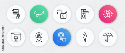 Set line Shield security with lock, Lock, Folder and, Key, Fingerprint door, Open padlock, Umbrella and icon. Vector
