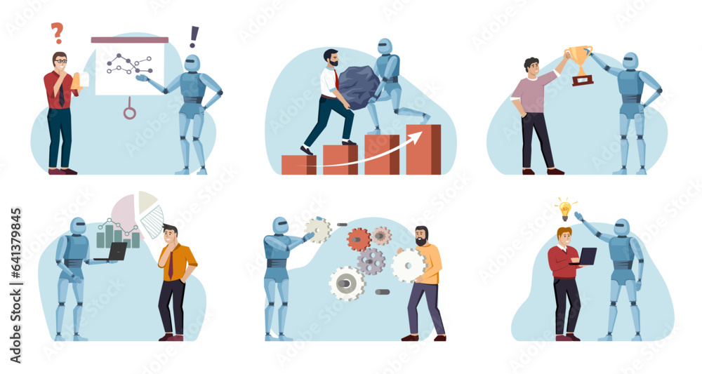 robots helping humans. supplementary labor force, support staff, concept cartoon illustration, UI working with people in office. vector cartoon characers set.