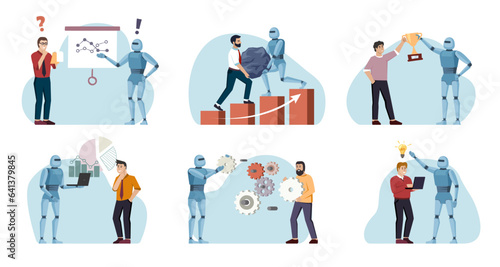 robots helping humans. supplementary labor force, support staff, concept cartoon illustration, UI working with people in office. vector cartoon characers set.